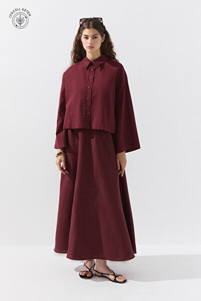 Hooopstore Lyocell Linen Basic Short Burgundy Shirt