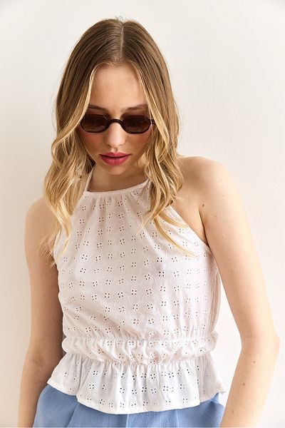 Olalook Γυναικεία Λευκή Μπλούζα Halter Neckline με ελαστική μέση BLZ-19003008