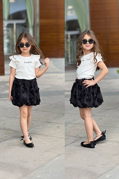 Minigimin Cicileri My Little One's Cicileri 3D Rose Patterned Skirted Girl's Suit - Black