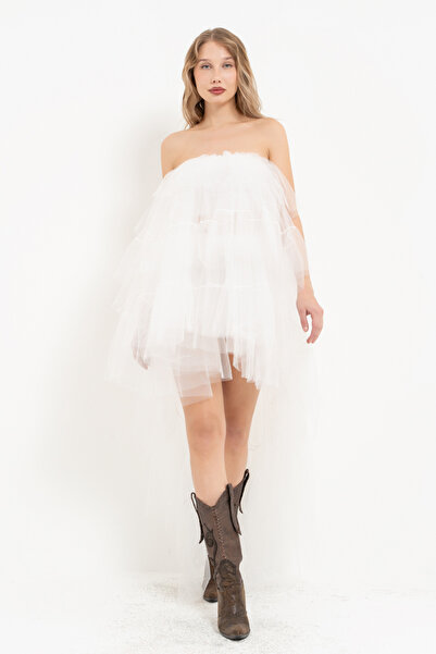 Kikiriki Tül Detaylı Straplez Off white Mini Elbise