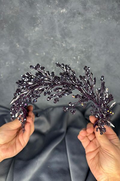 Hayalperest boncuk Dark Purple Hera Crystal Beaded Bridal Henna Crown Hair and Turban Accessory