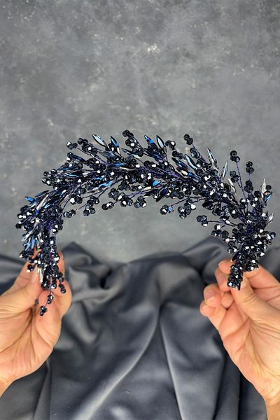 Hayalperest boncuk Navy Blue Hera Crystal Beaded Bridal Henna Crown Hair and Turban Accessory