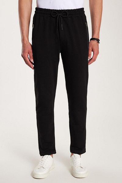 Tudors Unisex Standard Fit Βαμβακερές τσέπες με φερμουάρ με 2 νήματα Ελαστικό δέσιμο ίσιο μαύρο παντελόνι