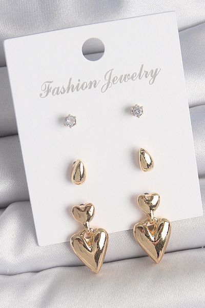 Mu Art Ahşap Brass Gold Color Zircon Stone Dangle Heart Model 3 Pairs Women's Earring Set