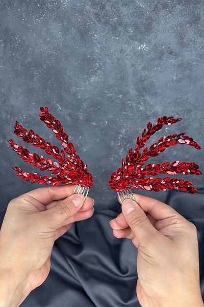 Hayalperest boncuk Red Double Sided Comb Büge Bridal Hair Accessory