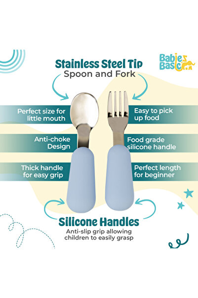 Babies Basic Stainless Steel Cutlery Set with Spoon and Fork with travel case - Blue