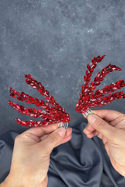 Hayalperest boncuk Red Double Sided Comb Büge Bridal Hair Accessory