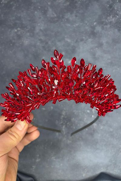 Hayalperest boncuk Red Maria Intensely Embroidered Crystal Bridal Henna Crown Hair Accessory