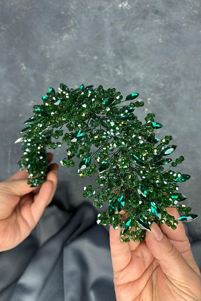 Hayalperest boncuk Emerald Green Elena Intense Beaded Bridal Crown Hair and Turban Accessory