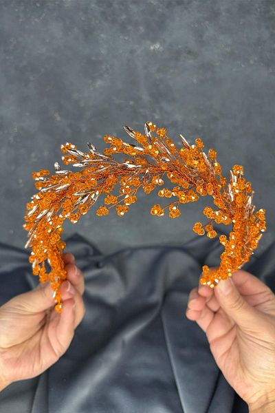Hayalperest boncuk Orange Hera Crystal Beaded Bridal Henna Crown Hair and Turban Accessory