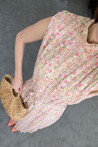 MAGARDE Flower Pattern Pleated Belted Dress - Pink