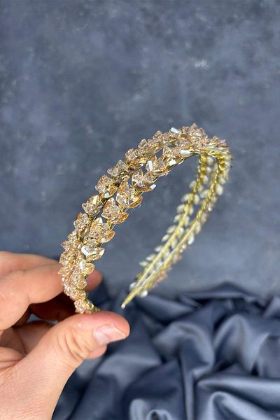 Hayalperest boncuk Honey Color Double Row Stone Lea Bridal Hair Accessory Bridal Henna Crown