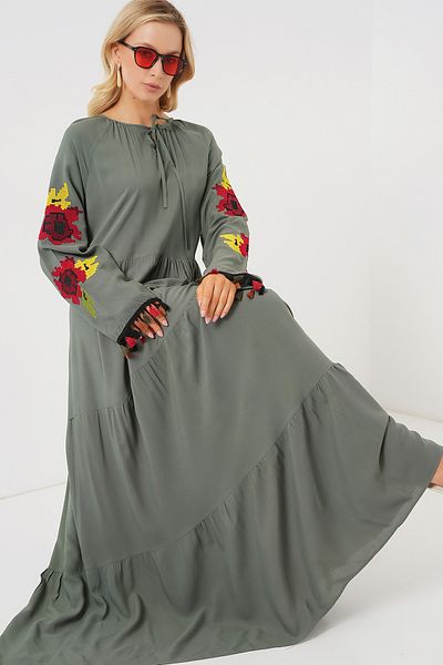 Bigdart Haftowana długa sukienka 2534 - Khaki