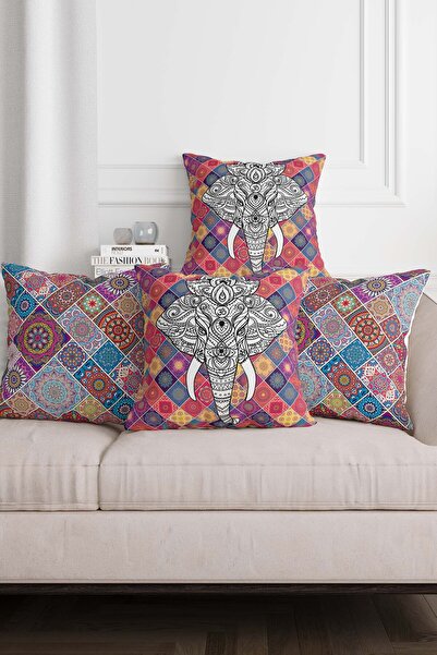 Pillow Home Етнически мотив с слонове, лилав мандала мотив, цифрово отпечатан...