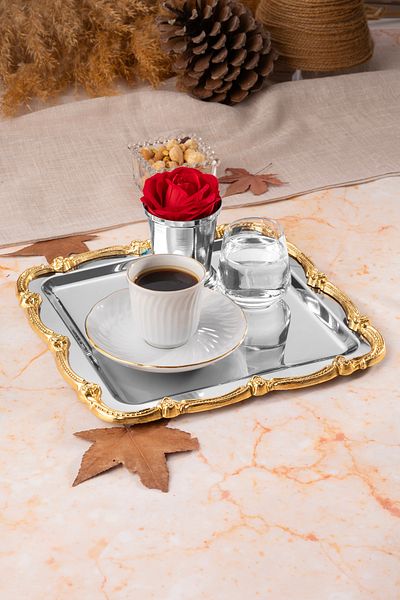 NEWTREND Züccaciye 1 Luxury Gold Cast Rose Framed Silver Square Engagement, Dowry, Coffee, Tea Presentation Service Tray