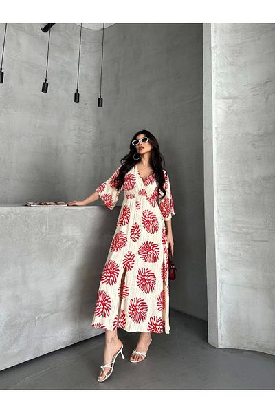 Ecenin Favorileri Red patterned double breasted viscose dress