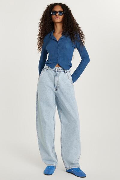 Tudors Kadın Regular Fit Yan Cepli Baggy Balon Mavi Jean Kot Pantolon