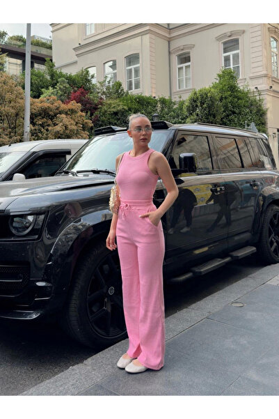 İntive Lingerie Pink Color Tank Top, Crew Neck, Thick Strap, Tube Leg Trousers, Camisole Set