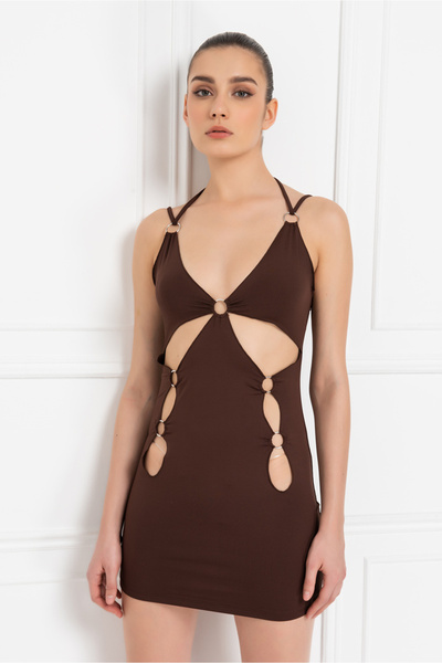 Kikiriki Μίνι φόρεμα με λεπτομέρεια σε σκούρο καφέ χρώμα