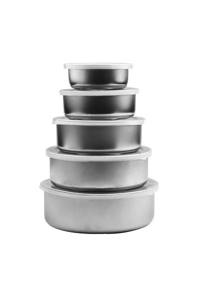 OEM Set of 5 kitchen casseroles with lids, stainless steel and flexible plastic lid, silver