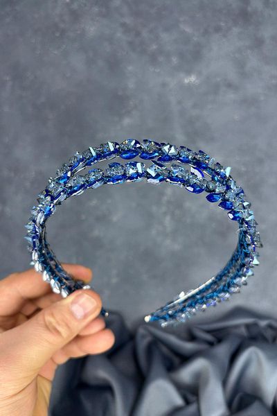 Hayalperest boncuk Indigo blue double row rhinestone lea bridal hair accessory bridal henna crown