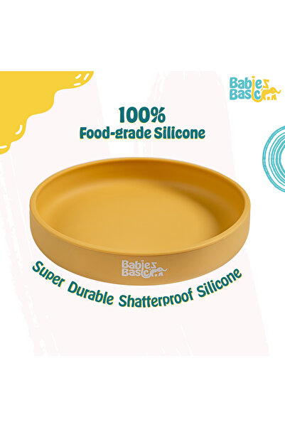Babies Basic Silicone Feeding Set with Silicone Suction Plate, Spoon and Fork - Yellow