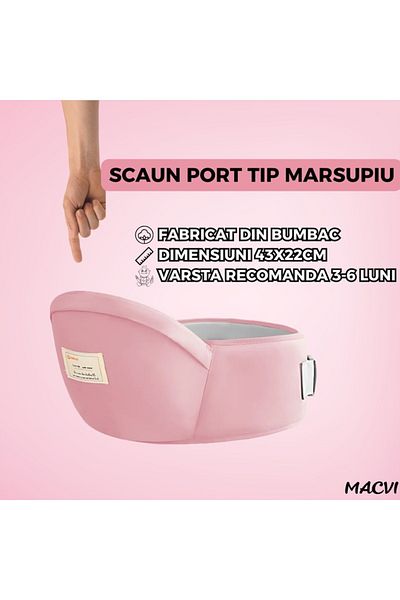 MACVI Suport port bebe Macvi® tip marsupiu, centura talie, bumbac premium, confortabil, 43 x 22 cm, roz