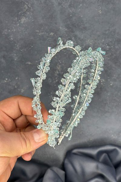 Hayalperest boncuk Water Green Sare Model Double Row Bridal Henna Crown Hair Accessory