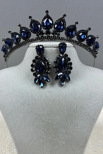 Hayalperest boncuk Neri Model Wedding Henna Costume Crown and Drop Earrings Set Navy Blue