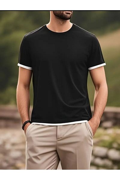Medinenur Men's Basic T-Shirt with Garnish Detail