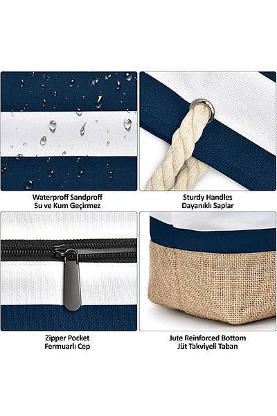 D'VERS Μπλε Navy Water and Sand Proof Μεγάλη τσάντα παραλίας με λεπτομέρεια από ύφασμα γιούτας