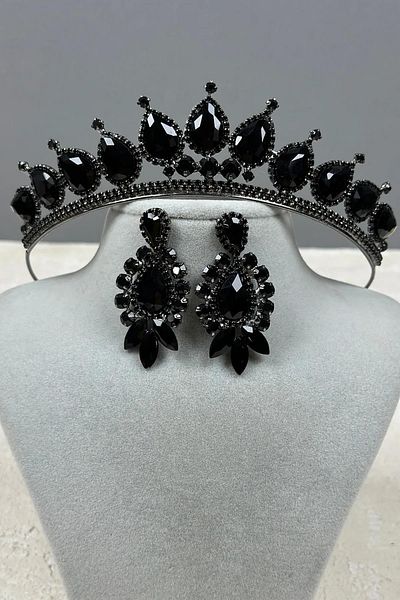 Hayalperest boncuk Neri Model Wedding Henna Costume Crown and Shuttle Earrings Set Black