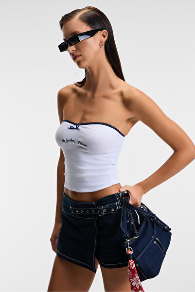 GRIMELANGE SELYA Kadın Esnek Ribana Kumaşlı Dantelli Nakışlı Beyaz Bluz