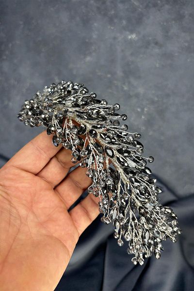 Hayalperest boncuk Anthracite Gray Elisa Beaded Bridal Henna Crown Hair and Turban Accessory
