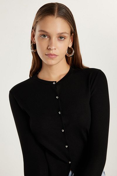 Tudors Cardigan negru cu decolteu rotund pentru femei, cu croială standard