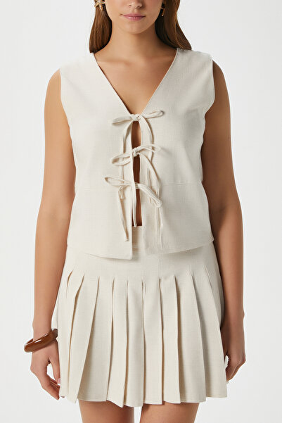 Ritnice Women's Zera Linen Cotton Stone Vest Waist Elastic Skirt Bottom Top Set