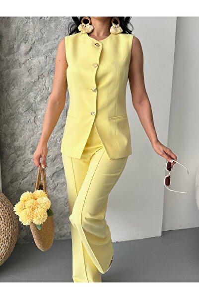 ZF BUTİK طقم نسائي علوي وسفلي، طقم مكون من قطعتين، سترة وبنطلون بأزرار أنيقة