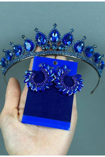 Hayalperest boncuk Neri Model Wedding Henna Costume Crown and Leaf Earrings Set Sax Blue