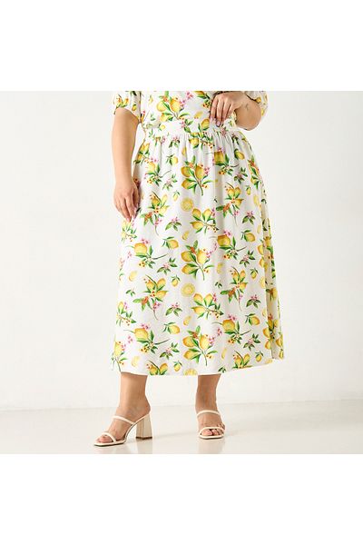 FAV All-Over Lemon Print Linen Blend Midi Skirt with Elasticated Waistband