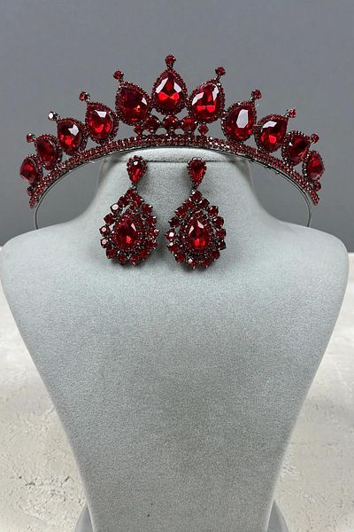 Hayalperest boncuk Neri Model Wedding Henna Costume Crown and Drop Shuttle Earring Set Burgundy