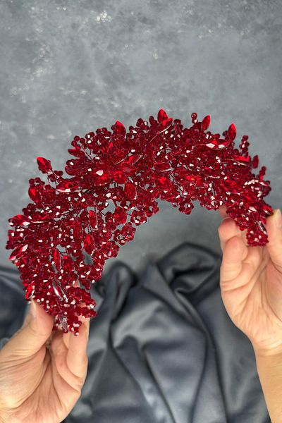 Hayalperest boncuk Burgundy Elena Intense Bead Embroidered Bridal Crown Hair and Turban Accessory