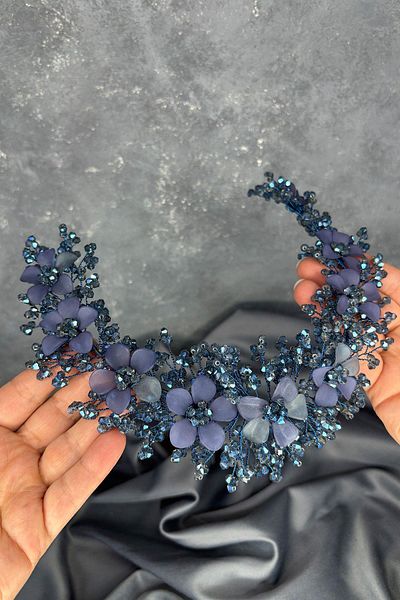 Hayalperest boncuk Indigo Blue Nileda Crystal Beaded Bridal Henna Crown Hair Accessory