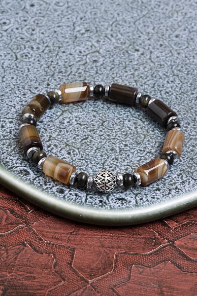 Saff Doğal Taş Certified Agate, Obsidian and Hematite Bracelet – with Silver Accessories