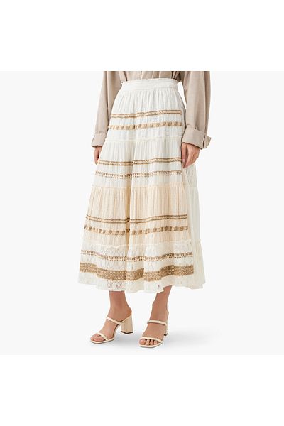 FAV Embroidered Tiered Midi Skirt with Elasticated Waistband