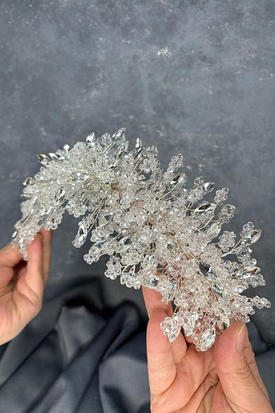 Hayalperest boncuk Transparent Silver Elena Dense Bead Embroidered Bridal Crown Hair and Turban Accessory