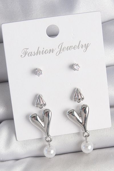 E BULURUM Brass Silver Color Zircon Stone Hanging Heart Model 3 Pair Women's Earring Set