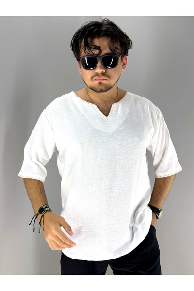 MARESHAL Handcrafted Crochet Pear Collar and Sleeve Detailed Oversize T-Shirt (White)