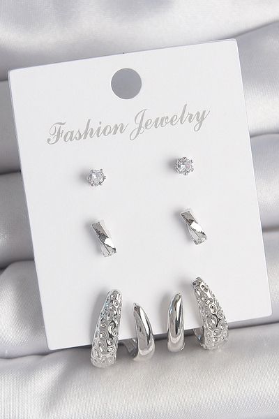 E BULURUM Brass Silver Color Zircon Stone Detailed Embroidered Motif Model 3 Pair Women's Earring Set