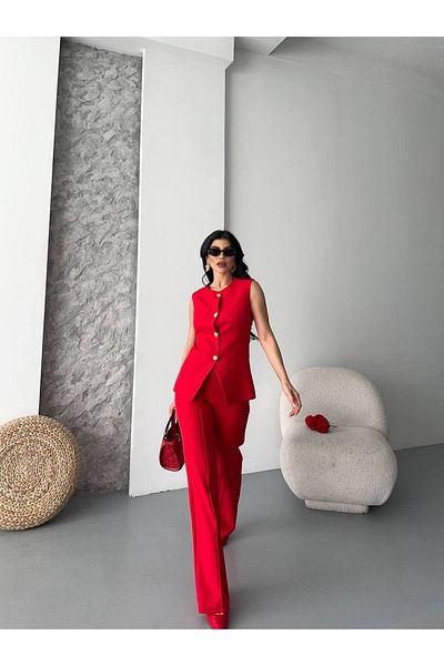 ZF BUTİK Damen-Unter-Oberteil-Set, stilvolles, detailliertes Weste-Hosen-Zweiteiler-Set mit Knöpfen
