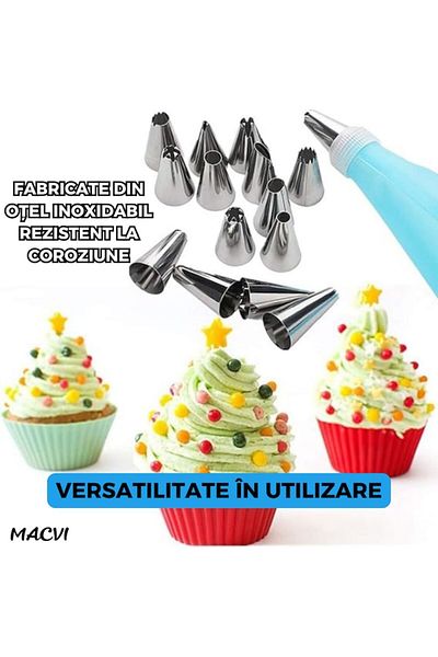MACVI Set patiserie si cofetarie 16 piese Macvi® pos din silicon si duiuri din inox, albastru